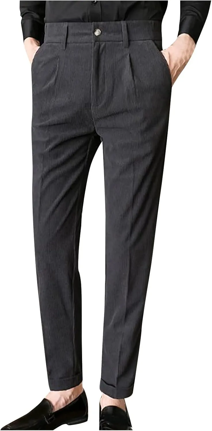 Ymosrh Men's Pants Fashion Slim Fit Corduroy Trousers Business Formal Pants Casual Golf, S-2XL