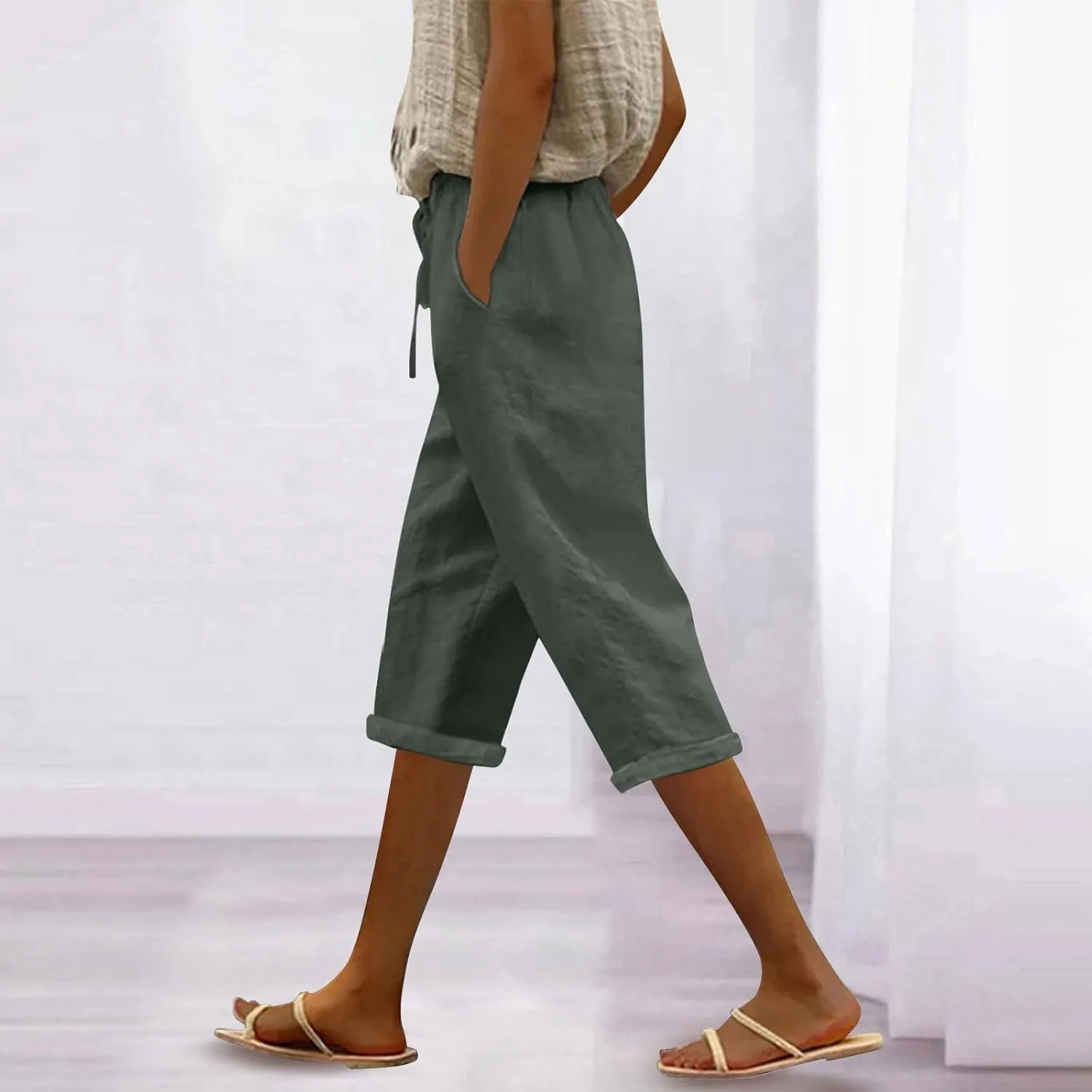 Yoga Pants with Pockets for Women Linen Elastic Seven Pants Beach Loose Comfy Trendy Elastic Waist Cropped Trouser