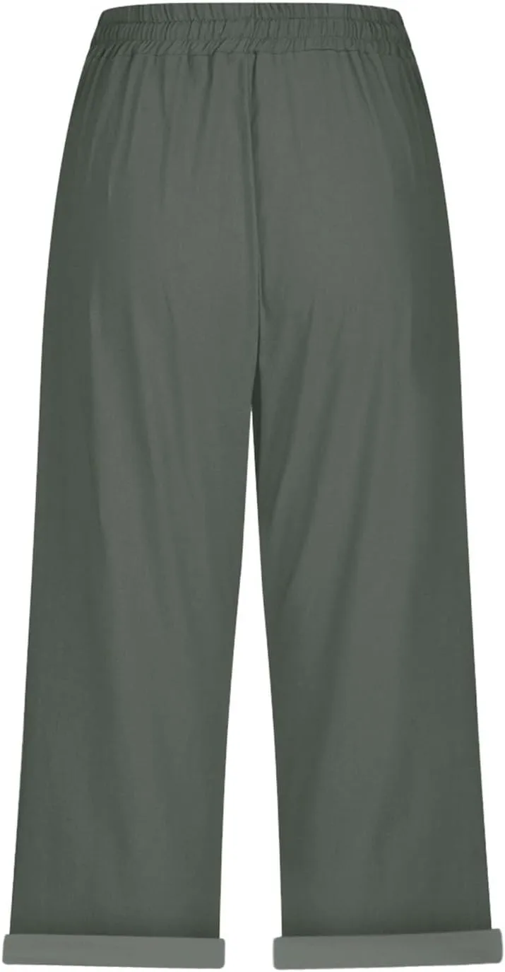 Yoga Pants with Pockets for Women Linen Elastic Seven Pants Beach Loose Comfy Trendy Elastic Waist Cropped Trouser