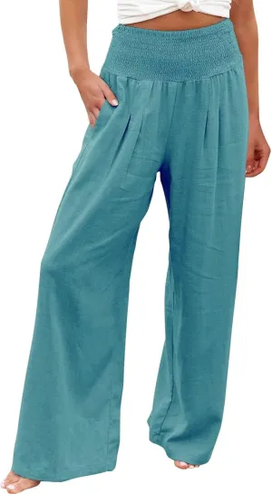 YOLAI Cotton Linen Palazzo Pants for Women Smocked High Elastic Waist Loose Trousers Comfy Wide Leg Pants with Pockets (Blue, S)