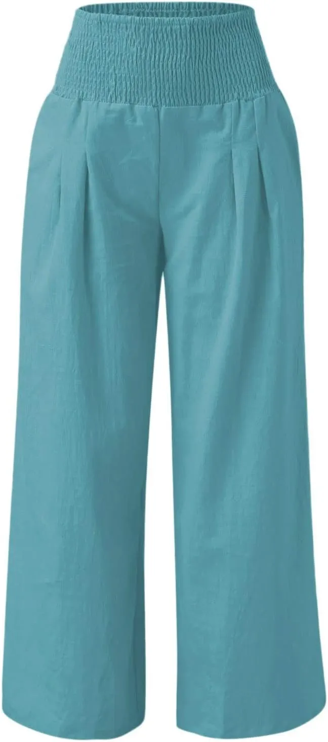 YOLAI Cotton Linen Palazzo Pants for Women Smocked High Elastic Waist Loose Trousers Comfy Wide Leg Pants with Pockets (Blue, S)