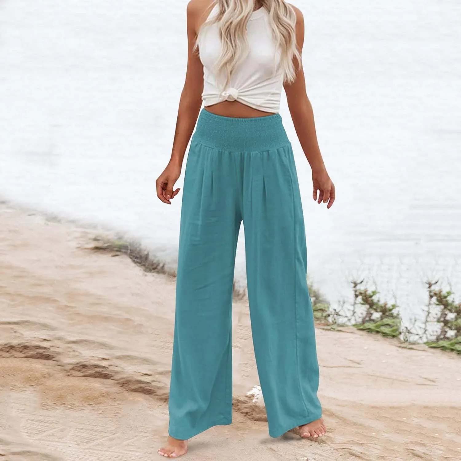 YOLAI Cotton Linen Palazzo Pants for Women Smocked High Elastic Waist Loose Trousers Comfy Wide Leg Pants with Pockets (Blue, S)