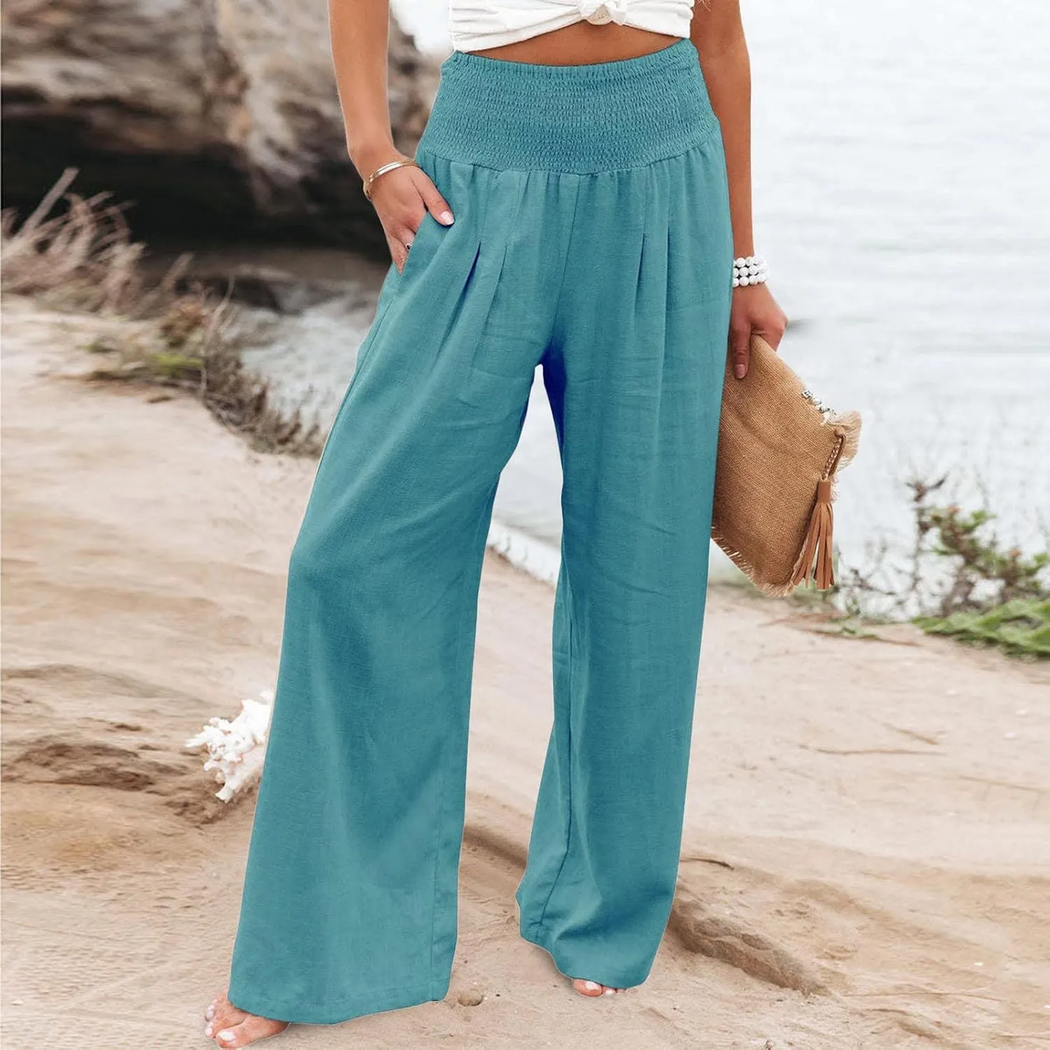 YOLAI Cotton Linen Palazzo Pants for Women Smocked High Elastic Waist Loose Trousers Comfy Wide Leg Pants with Pockets (Blue, S)