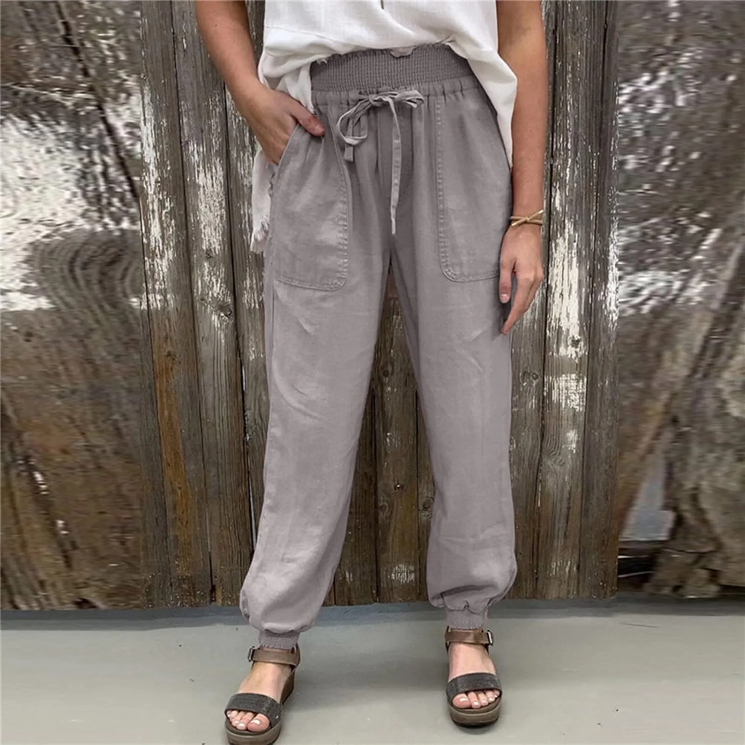 YOLAI Women Solid Cotton Linen Trousers Casual Loose Harem Pant Summer Drawstring Tapered Pant with Pockets