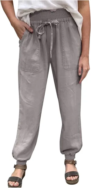YOLAI Women Solid Cotton Linen Trousers Casual Loose Harem Pant Summer Drawstring Tapered Pant with Pockets