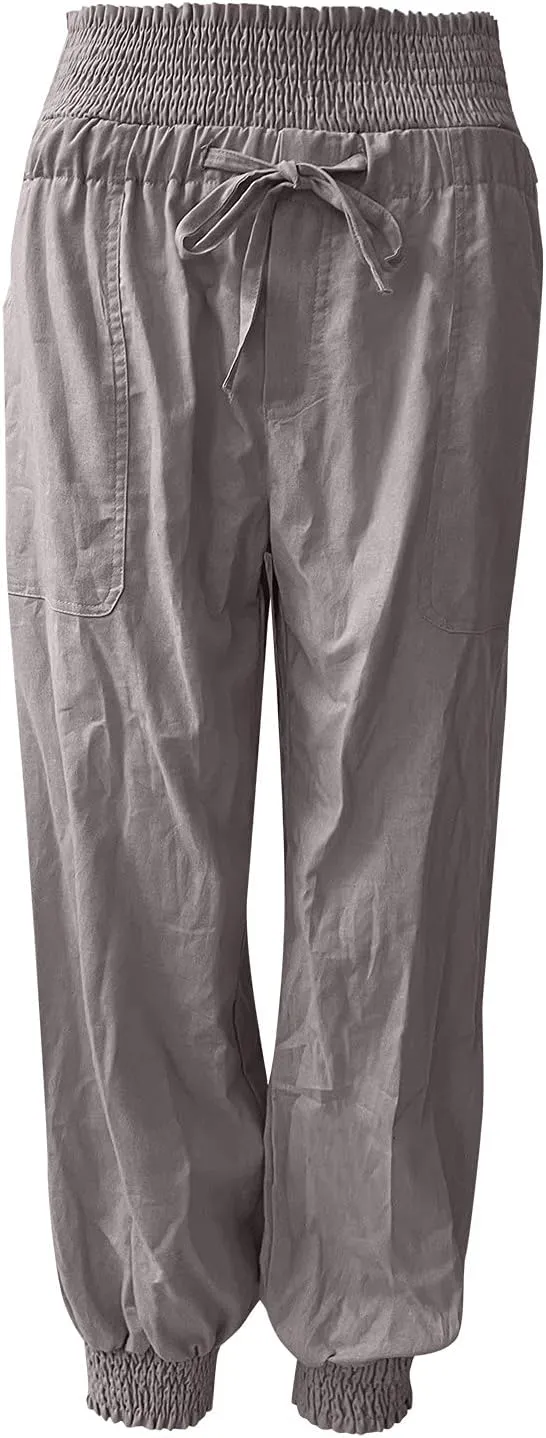 YOLAI Women Solid Cotton Linen Trousers Casual Loose Harem Pant Summer Drawstring Tapered Pant with Pockets