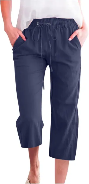 YRAETENM Capri Linen Pants for Women Summer Drawstring Elastic High Waist Lounge Pants Straight Wide Leg Cropped Trouser