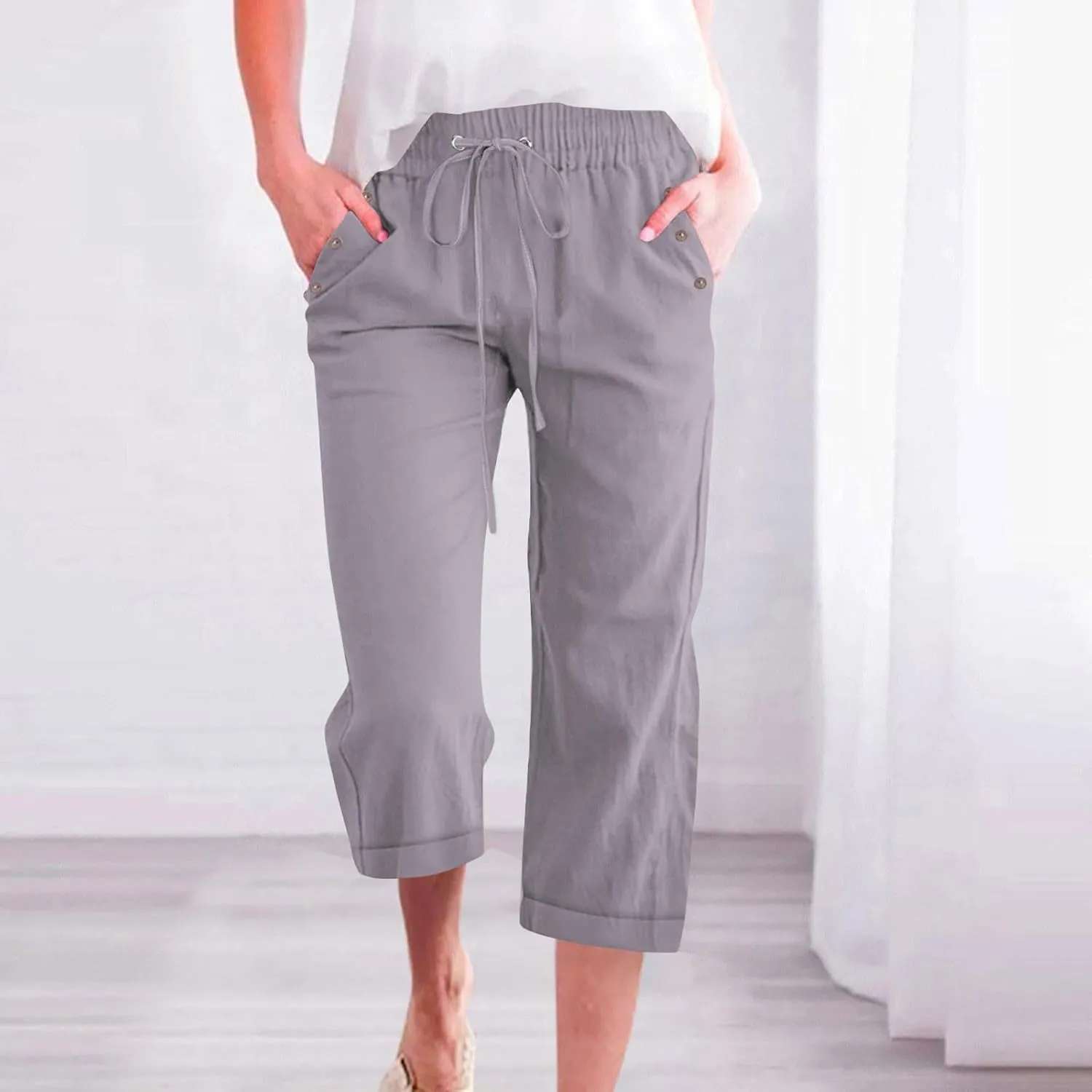 YRAETENM Linen Capri Pants for Women Summer Drawstring Elastic High Waist Cotton Pants Comfy Wide Leg Plus Size Lounge Capris