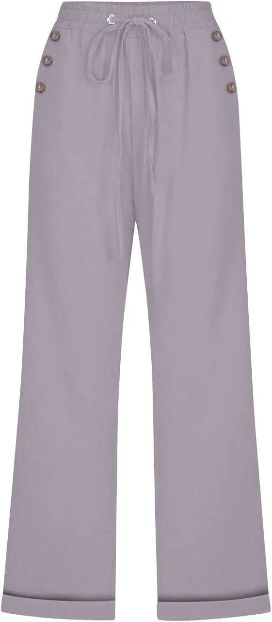 YRAETENM Linen Capri Pants for Women Summer Drawstring Elastic High Waist Cotton Pants Comfy Wide Leg Plus Size Lounge Capris