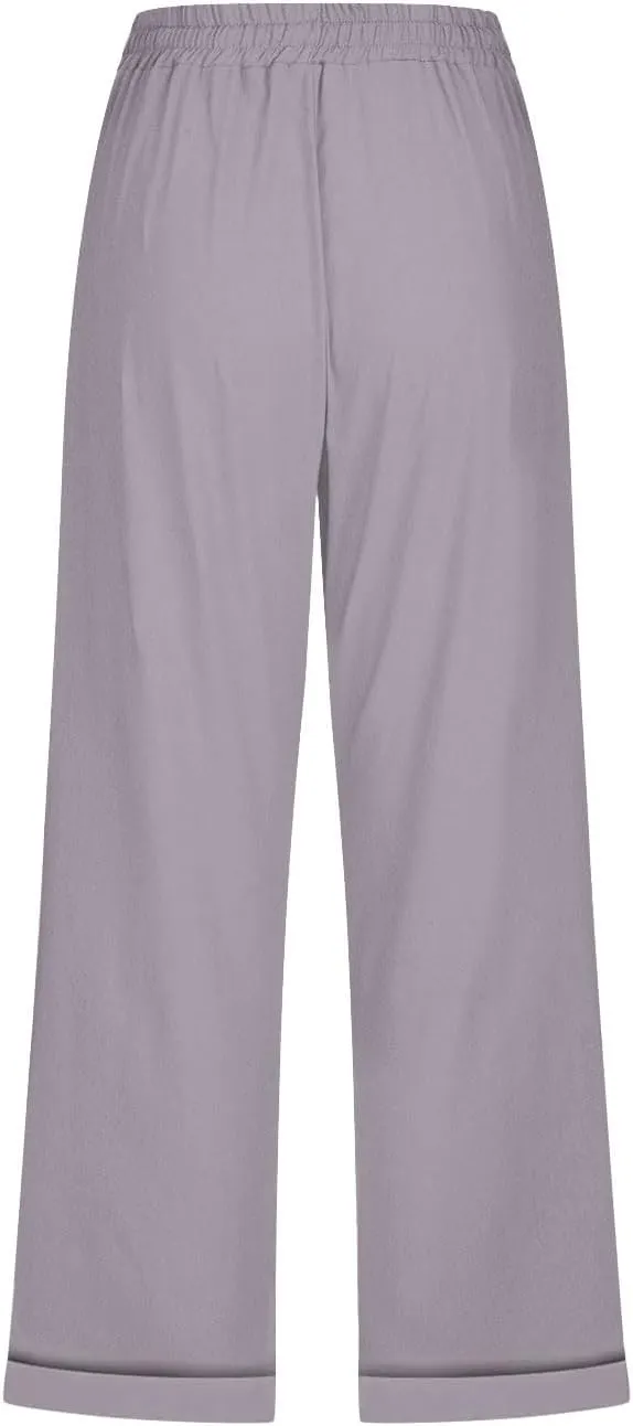 YRAETENM Linen Capri Pants for Women Summer Drawstring Elastic High Waist Cotton Pants Comfy Wide Leg Plus Size Lounge Capris