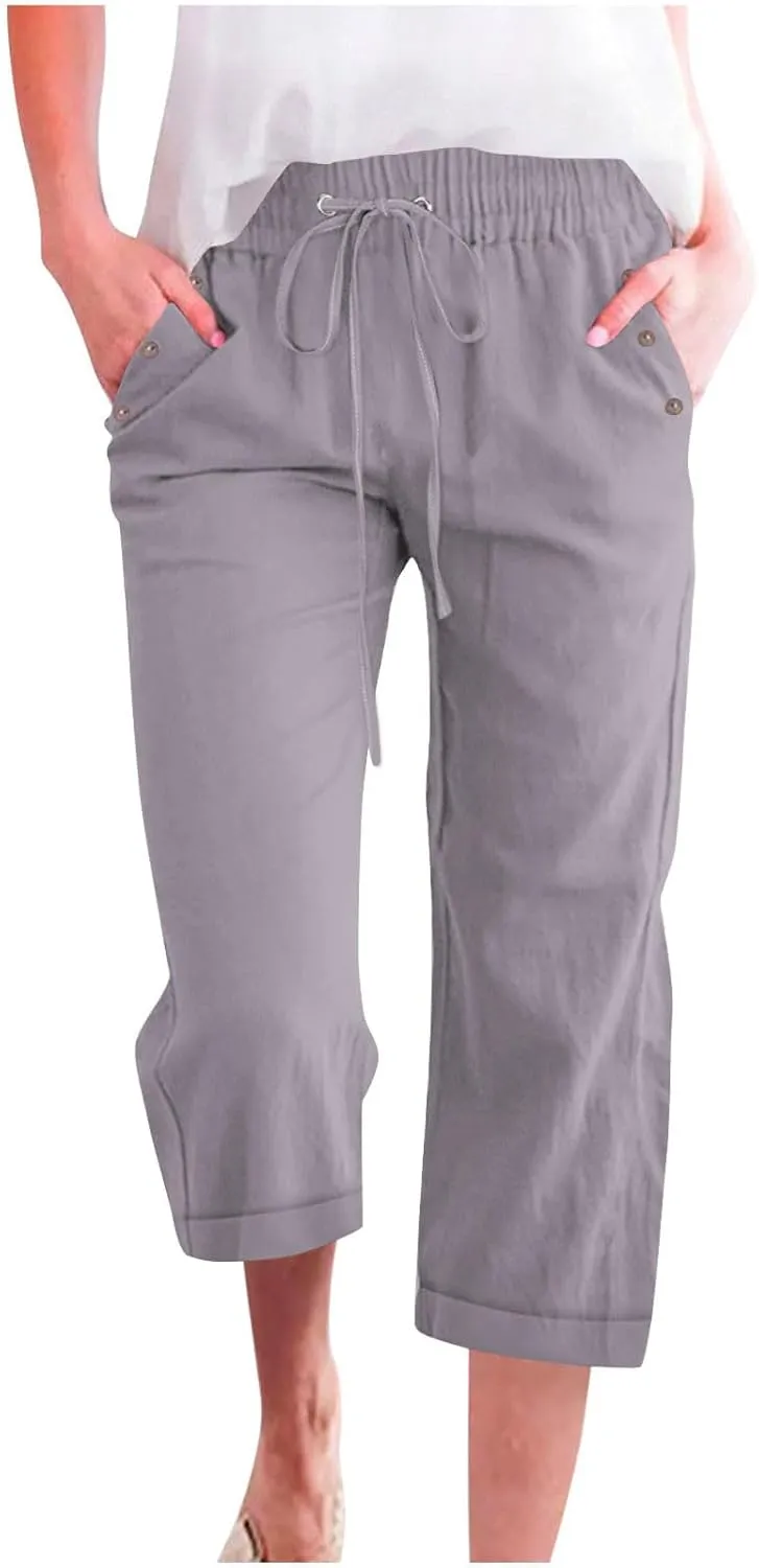 YRAETENM Linen Capri Pants for Women Summer Drawstring Elastic High Waist Cotton Pants Comfy Wide Leg Plus Size Lounge Capris