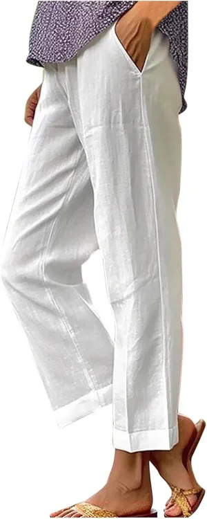 YRAETENM Linen Pants for Women Summer High Waist Elastic Straight Leg Lounge Pants Casual Loose Lightweight Beach Trousers