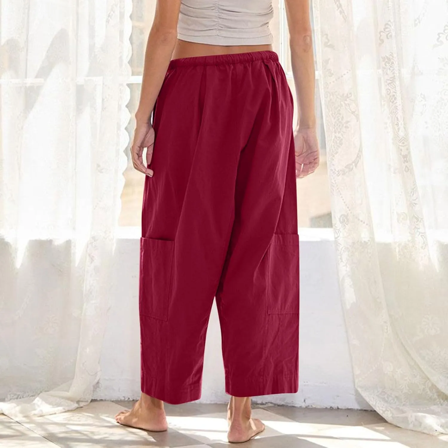 YRAETENM Womens Baggy Linen Pants Summer Casual Loose Elastic Waist Lounge Trousers Beach Palazzo Harem Pants with Pockets