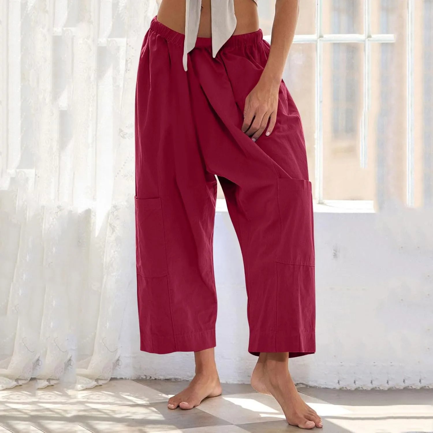 YRAETENM Womens Baggy Linen Pants Summer Casual Loose Elastic Waist Lounge Trousers Beach Palazzo Harem Pants with Pockets