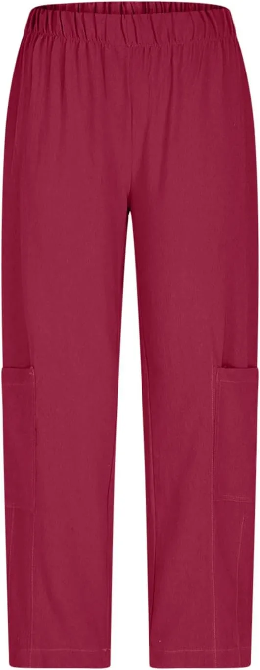 YRAETENM Womens Baggy Linen Pants Summer Casual Loose Elastic Waist Lounge Trousers Beach Palazzo Harem Pants with Pockets