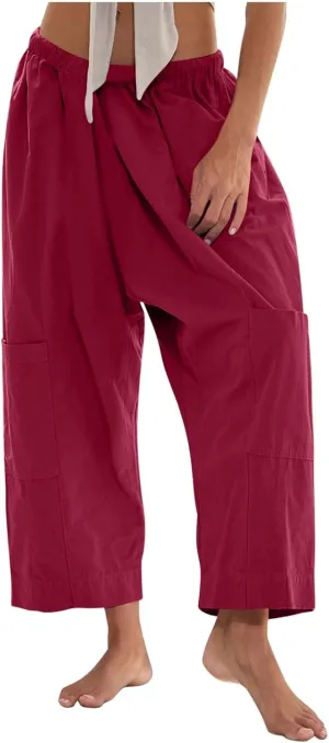 YRAETENM Womens Baggy Linen Pants Summer Casual Loose Elastic Waist Lounge Trousers Beach Palazzo Harem Pants with Pockets