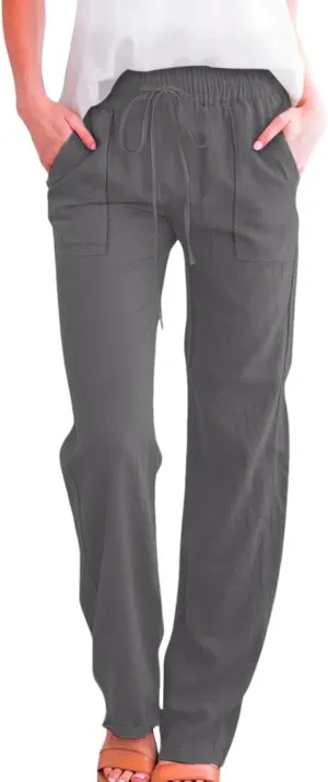 YRAETENM Womens Casual Linen Pants Lightweight Drawstring Elastic Waist Beach Slacks Summer Casual Loose Comfy Long Trousers