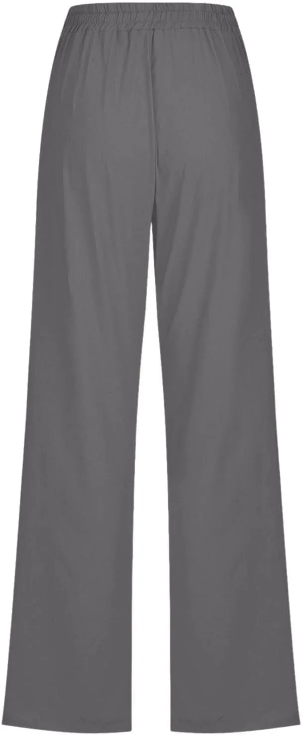 YRAETENM Womens Casual Linen Pants Lightweight Drawstring Elastic Waist Beach Slacks Summer Casual Loose Comfy Long Trousers