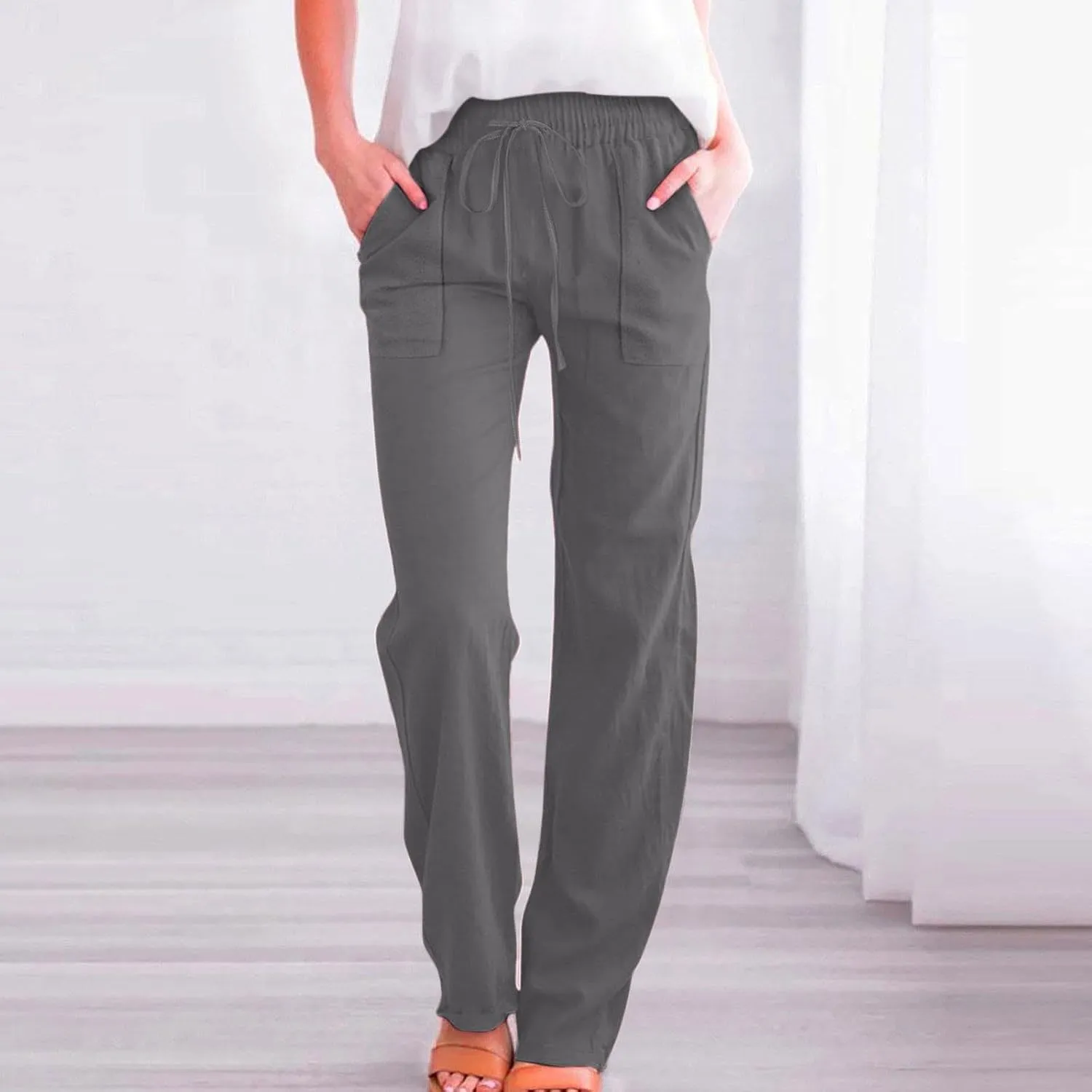 YRAETENM Womens Casual Linen Pants Lightweight Drawstring Elastic Waist Beach Slacks Summer Casual Loose Comfy Long Trousers