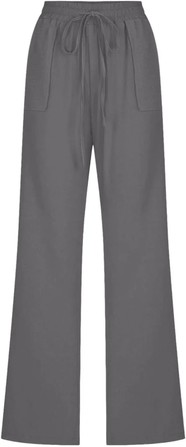 YRAETENM Womens Casual Linen Pants Lightweight Drawstring Elastic Waist Beach Slacks Summer Casual Loose Comfy Long Trousers