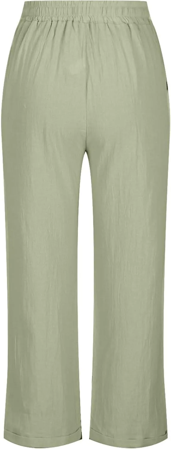 YRAETENM Women's Linen Drawstring Pants Summer Elastic High Waisted Capris Casual Straight Leg Cropped Trousers with Pockets