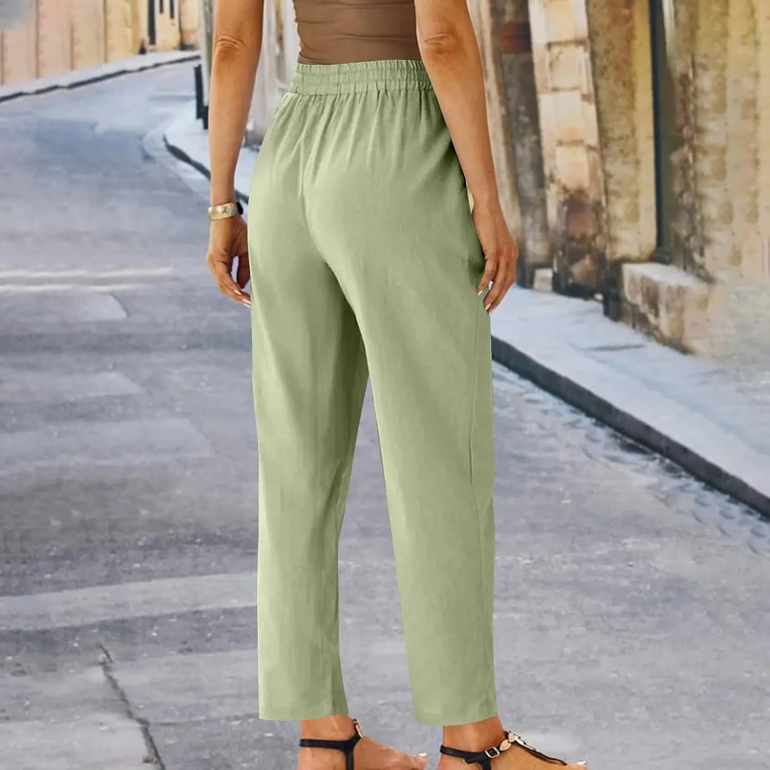 YRAETENM Women's Linen Drawstring Pants Summer Elastic High Waisted Capris Casual Straight Leg Cropped Trousers with Pockets