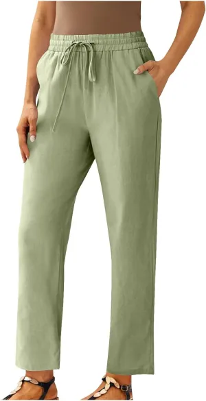 YRAETENM Women's Linen Drawstring Pants Summer Elastic High Waisted Capris Casual Straight Leg Cropped Trousers with Pockets