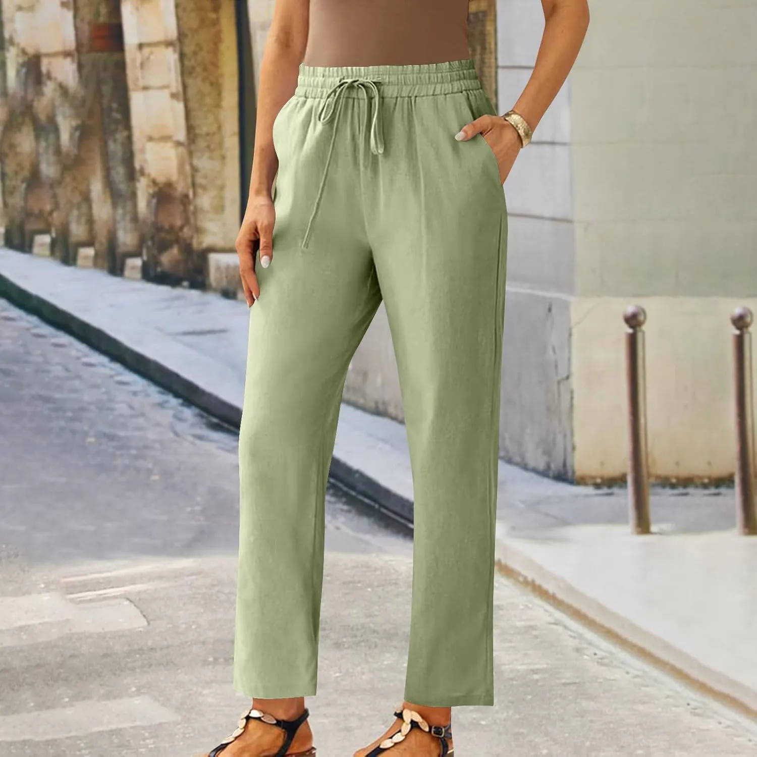 YRAETENM Women's Linen Drawstring Pants Summer Elastic High Waisted Capris Casual Straight Leg Cropped Trousers with Pockets