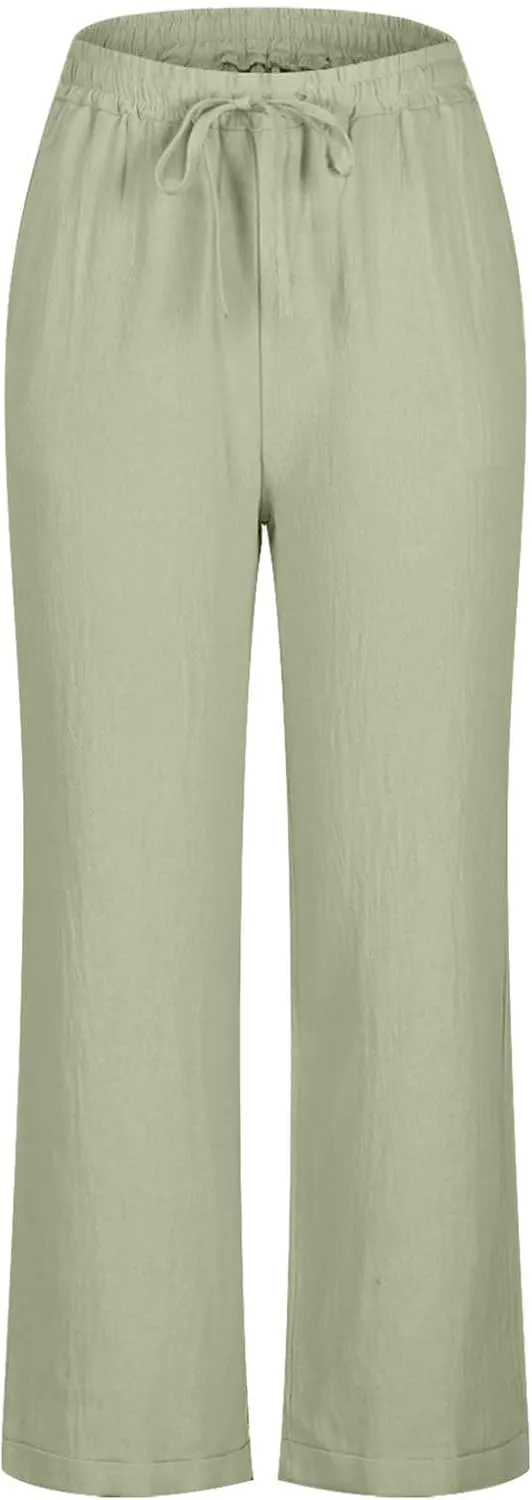 YRAETENM Women's Linen Drawstring Pants Summer Elastic High Waisted Capris Casual Straight Leg Cropped Trousers with Pockets