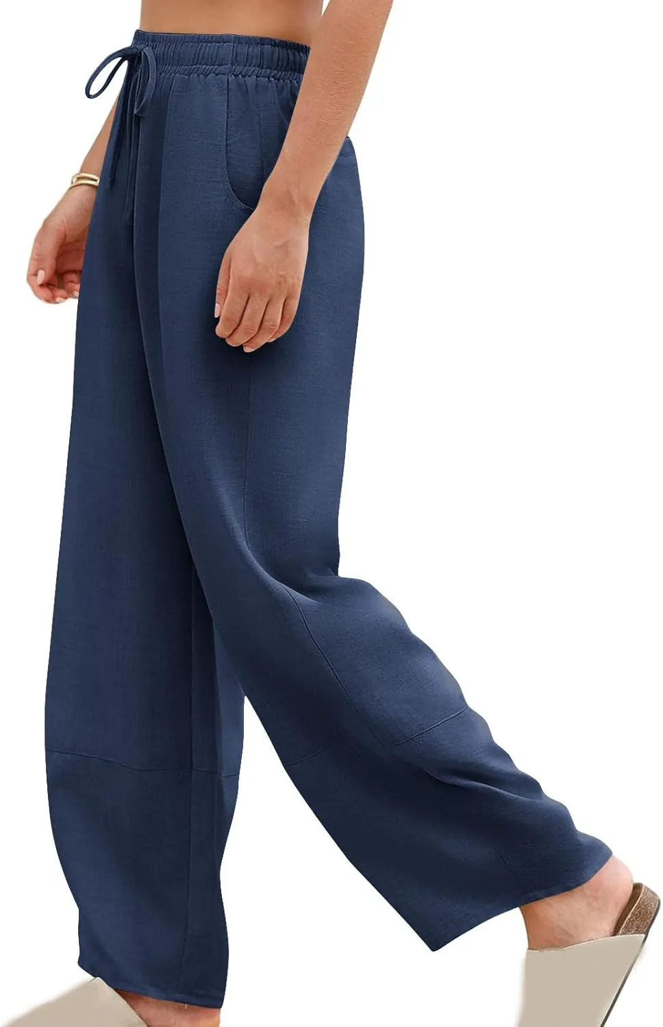 YRAETENM Women's Linen Pants Summer Drawstring High Waisted Solid Beach Pants Casual Wide Leg Lounge Trousers with Pockets