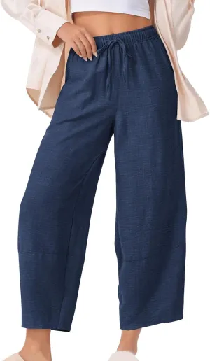 YRAETENM Women's Linen Pants Summer Drawstring High Waisted Solid Beach Pants Casual Wide Leg Lounge Trousers with Pockets
