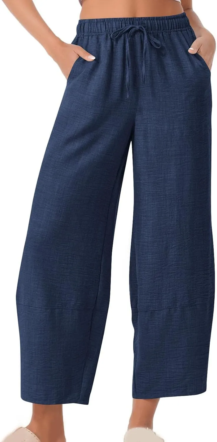 YRAETENM Women's Linen Pants Summer Drawstring High Waisted Solid Beach Pants Casual Wide Leg Lounge Trousers with Pockets
