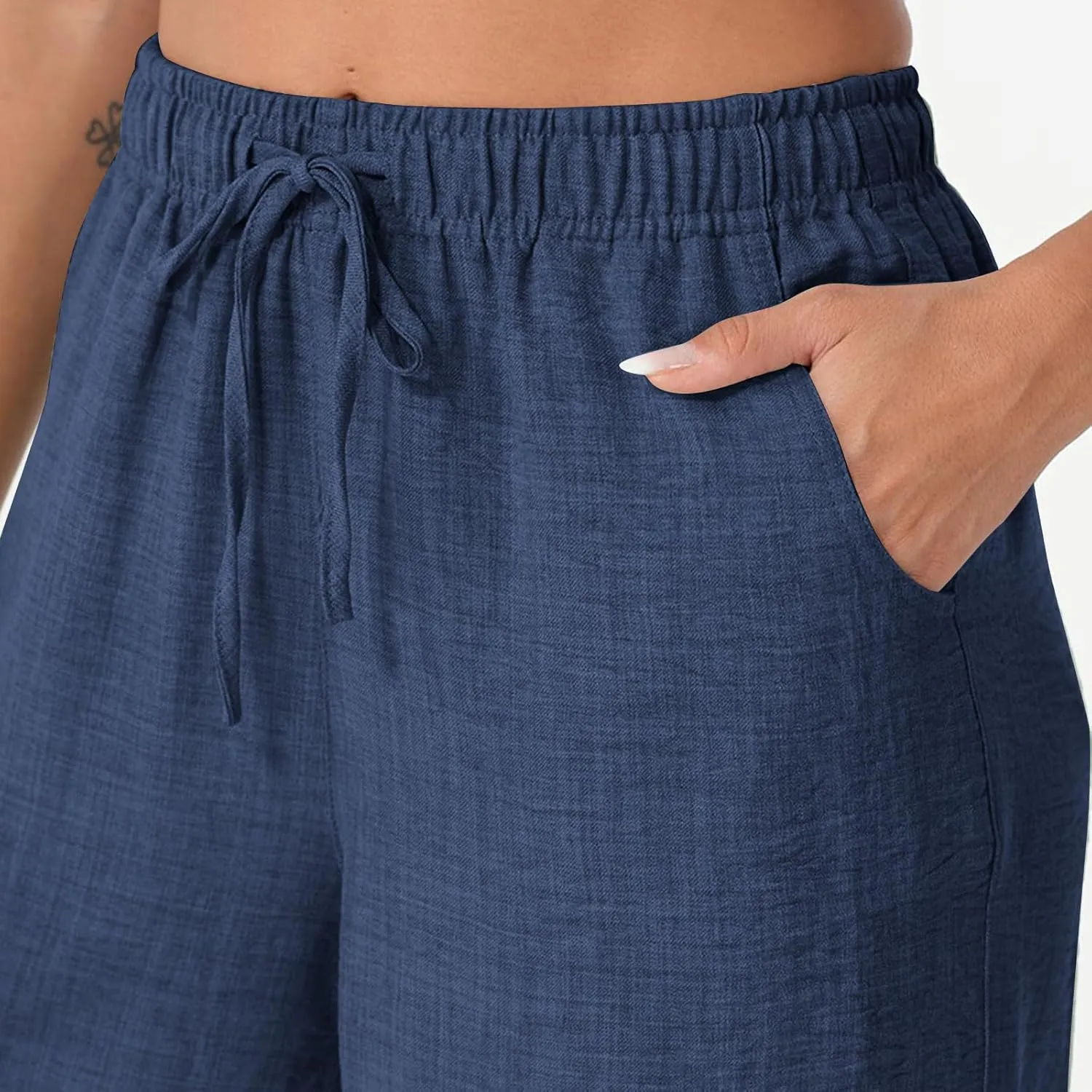 YRAETENM Women's Linen Pants Summer Drawstring High Waisted Solid Beach Pants Casual Wide Leg Lounge Trousers with Pockets