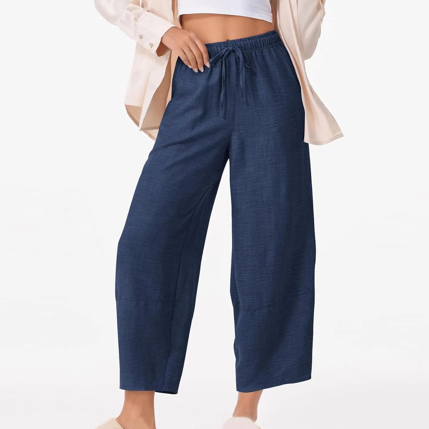YRAETENM Women's Linen Pants Summer Drawstring High Waisted Solid Beach Pants Casual Wide Leg Lounge Trousers with Pockets