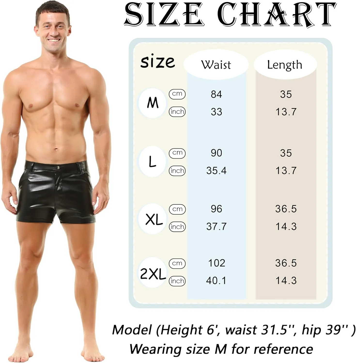 YUFEIDA Men's PU Leather Shorts Sexy Male Rave Hot Short Elastic Waistband Flat Front Shorts with Pockets for Men