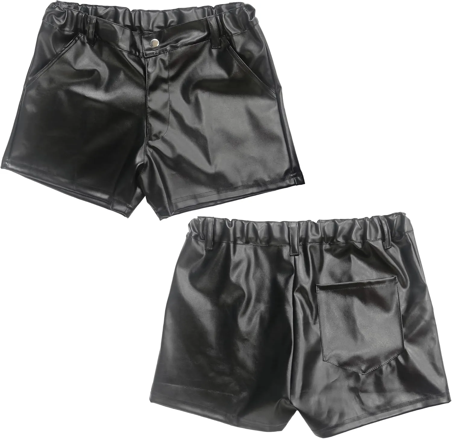 YUFEIDA Men's PU Leather Shorts Sexy Male Rave Hot Short Elastic Waistband Flat Front Shorts with Pockets for Men
