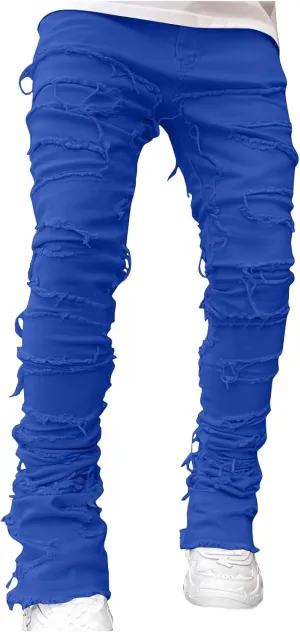 YUHGODO Men's Slim Fit Stretch Jeans Retro Distressed Patchwork Stacked Frayed Straight Leg Skinny Denim Pants Fall Outfits