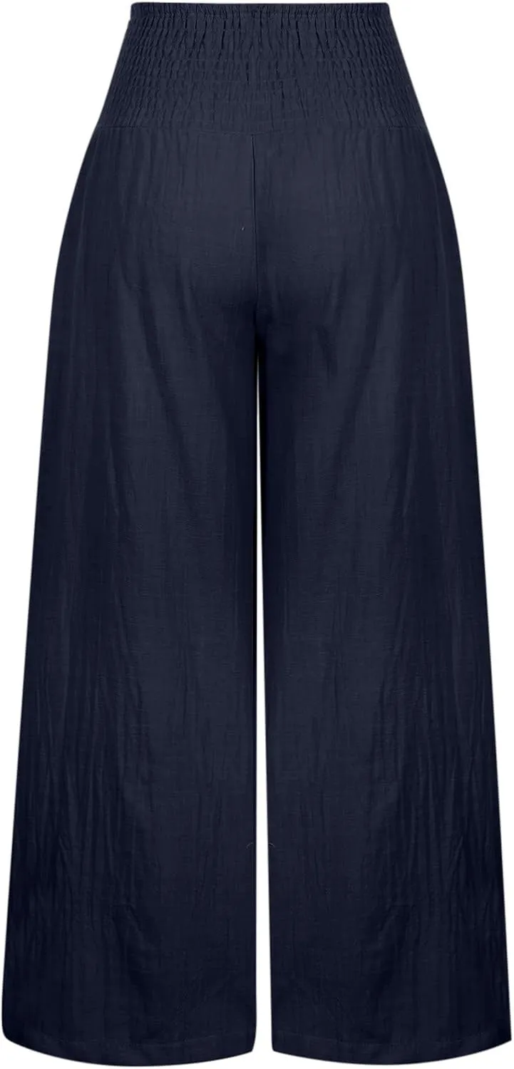 ZDRZK Women Linen Palazzo Pants Summer 2023 Boho Wide Leg High Waist Casual Flowy Lounge Pant Trousers with Pocket