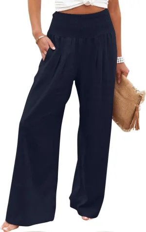 ZDRZK Women Linen Palazzo Pants Summer 2023 Boho Wide Leg High Waist Casual Flowy Lounge Pant Trousers with Pocket
