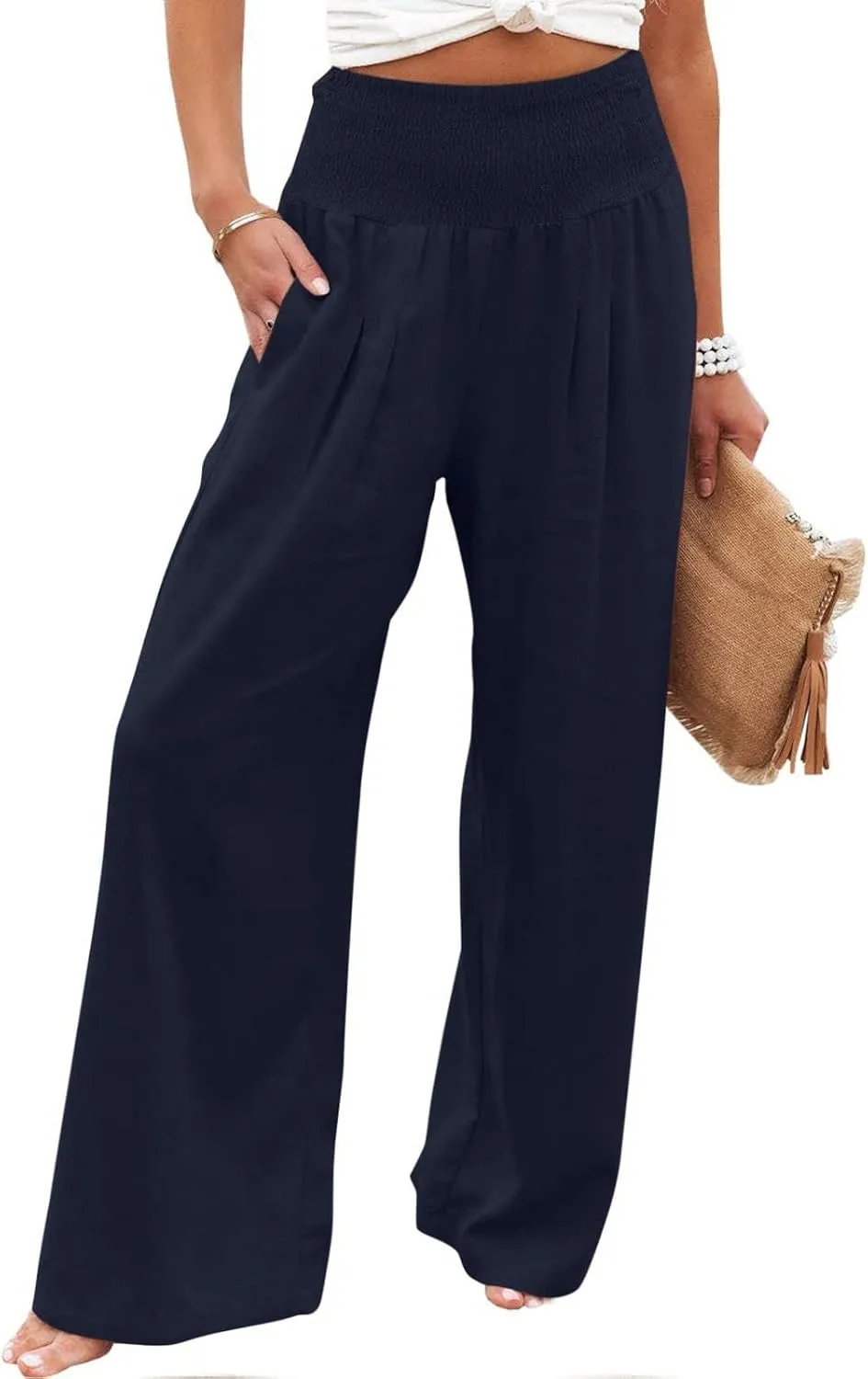ZDRZK Women Linen Palazzo Pants Summer 2023 Boho Wide Leg High Waist Casual Flowy Lounge Pant Trousers with Pocket