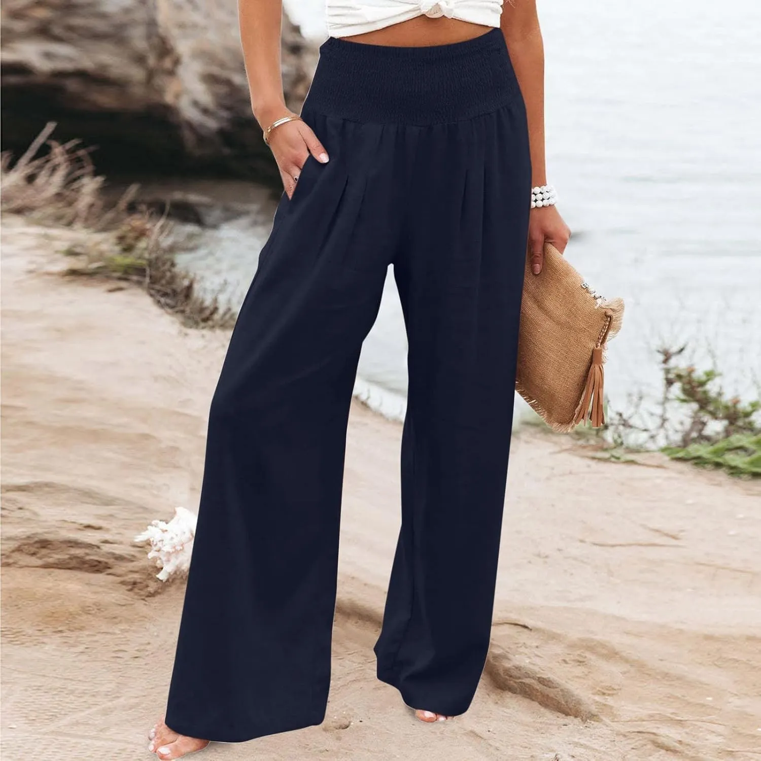 ZDRZK Women Linen Palazzo Pants Summer 2023 Boho Wide Leg High Waist Casual Flowy Lounge Pant Trousers with Pocket