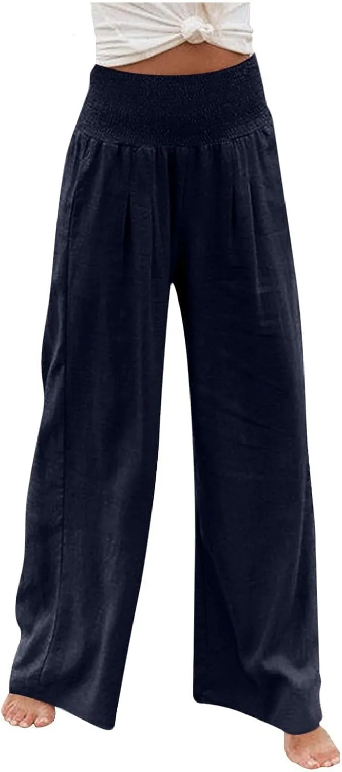 ZDRZK Women Linen Palazzo Pants Summer 2023 Boho Wide Leg High Waist Casual Flowy Lounge Pant Trousers with Pocket