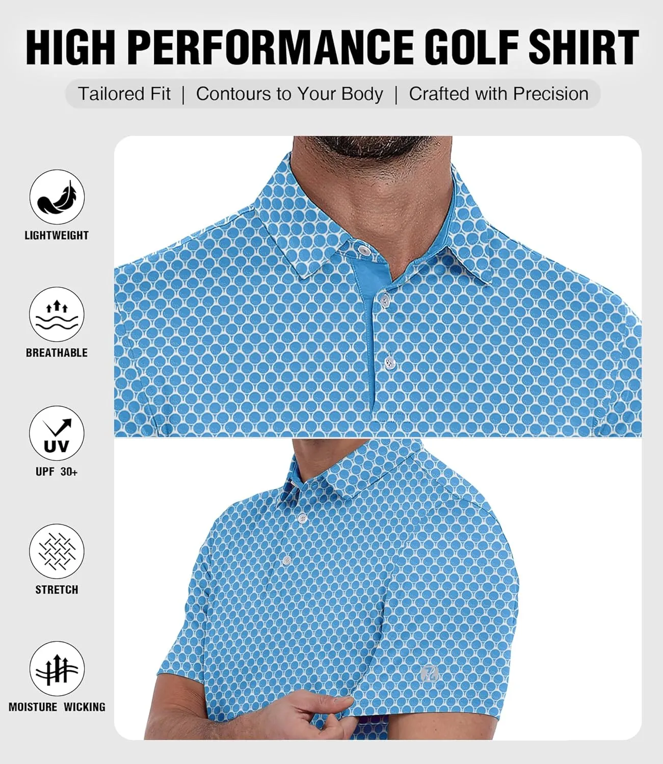 ZITY Men's Golf Polo Shirt Short Sleeve Performance Moisture Wicking Collared Print Shirt for Golf and Casual Wear