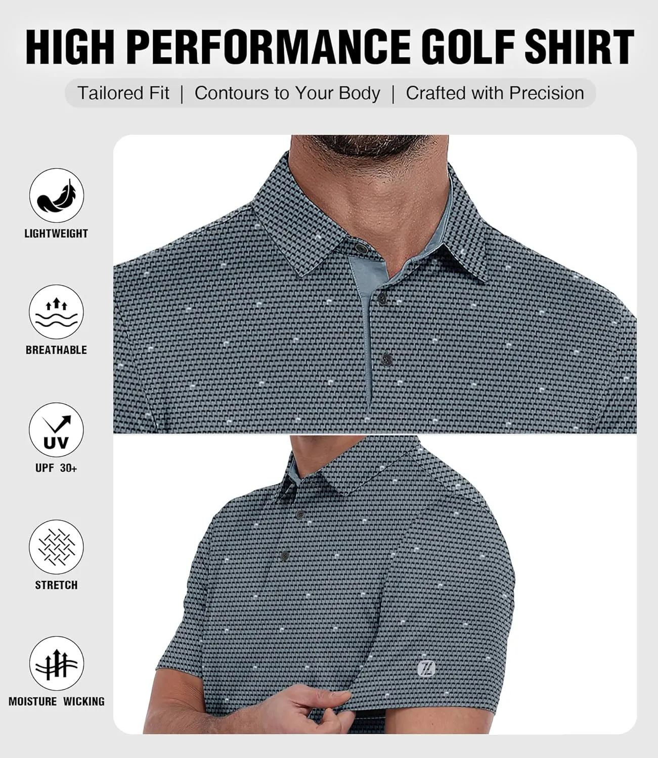 ZITY Men's Golf Polo Shirt Short Sleeve Performance Moisture Wicking Collared Print Shirt for Golf and Casual Wear