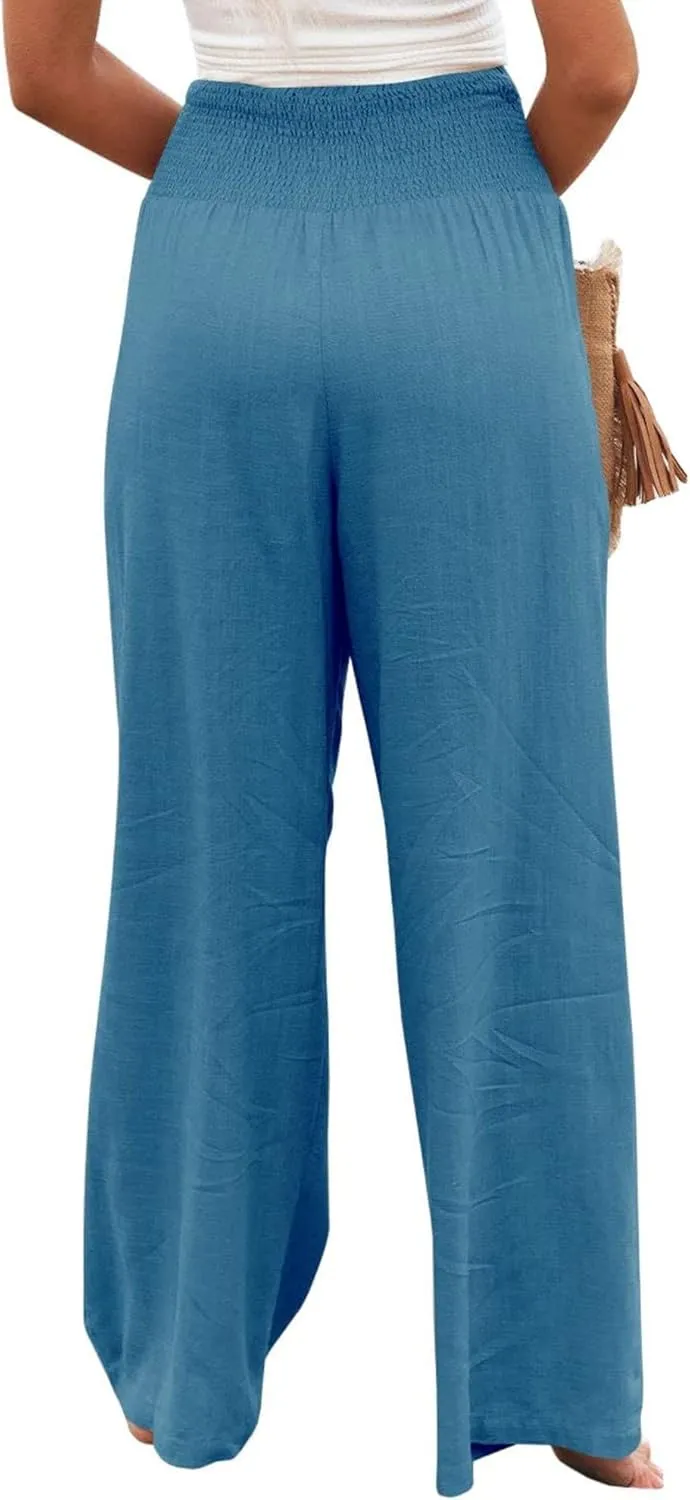 ZWRXW Linen Pants for Women 2024 Summer Wide Leg High Waist Palazzo Lounge Pants Beach Work Boho Casual Trousers with Pockets