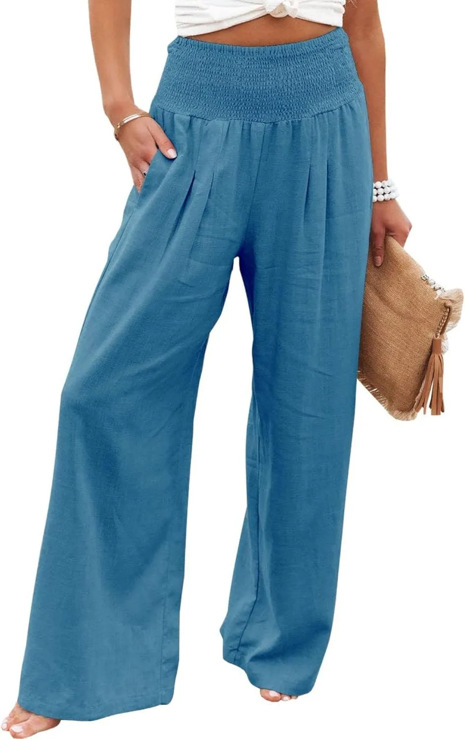 ZWRXW Linen Pants for Women 2024 Summer Wide Leg High Waist Palazzo Lounge Pants Beach Work Boho Casual Trousers with Pockets