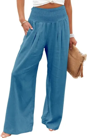 ZWRXW Linen Pants for Women 2024 Summer Wide Leg High Waist Palazzo Lounge Pants Beach Work Boho Casual Trousers with Pockets