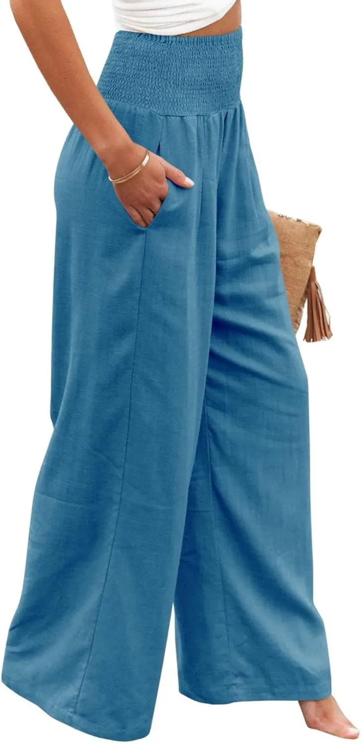 ZWRXW Linen Pants for Women 2024 Summer Wide Leg High Waist Palazzo Lounge Pants Beach Work Boho Casual Trousers with Pockets