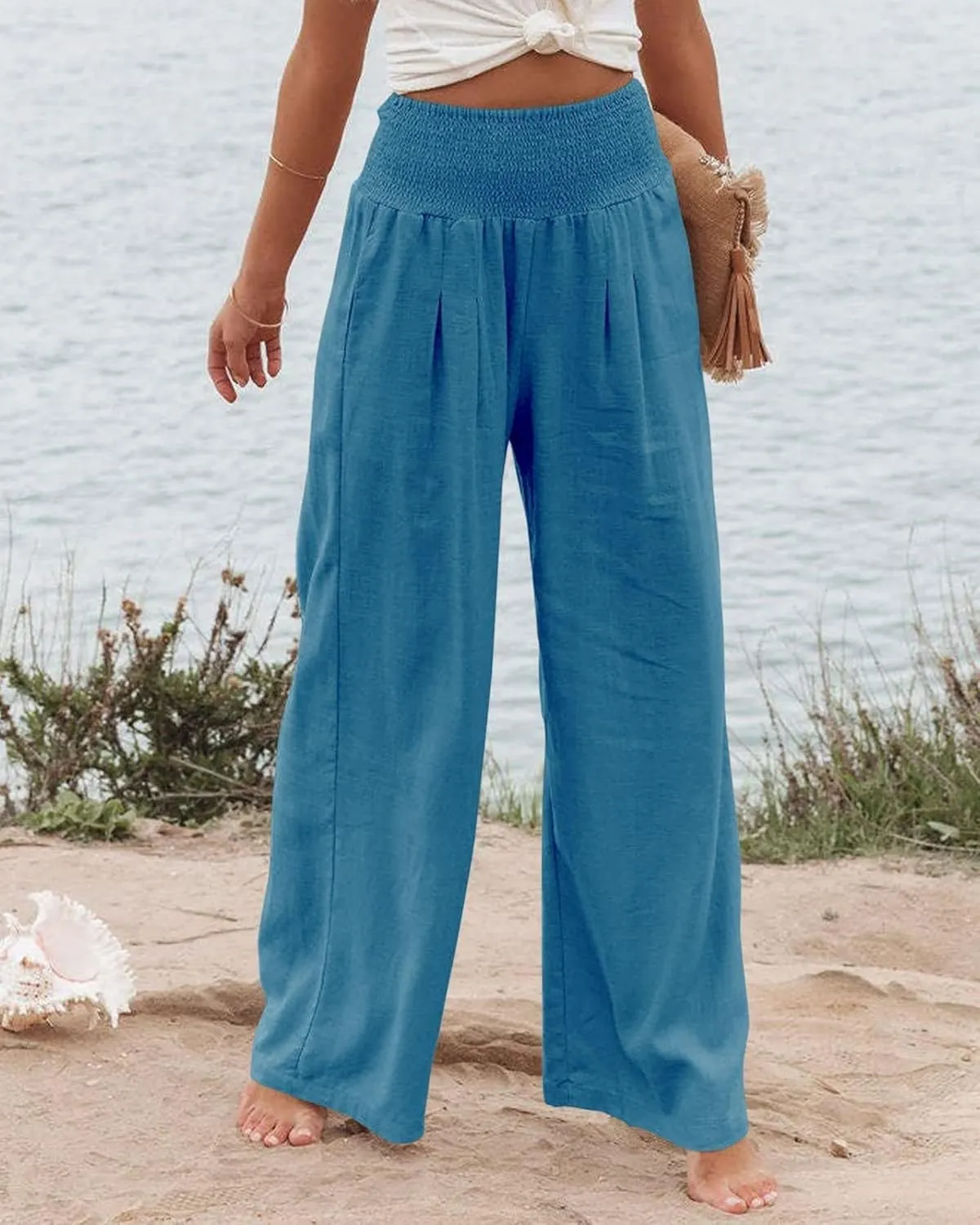 ZWRXW Linen Pants for Women 2024 Summer Wide Leg High Waist Palazzo Lounge Pants Beach Work Boho Casual Trousers with Pockets