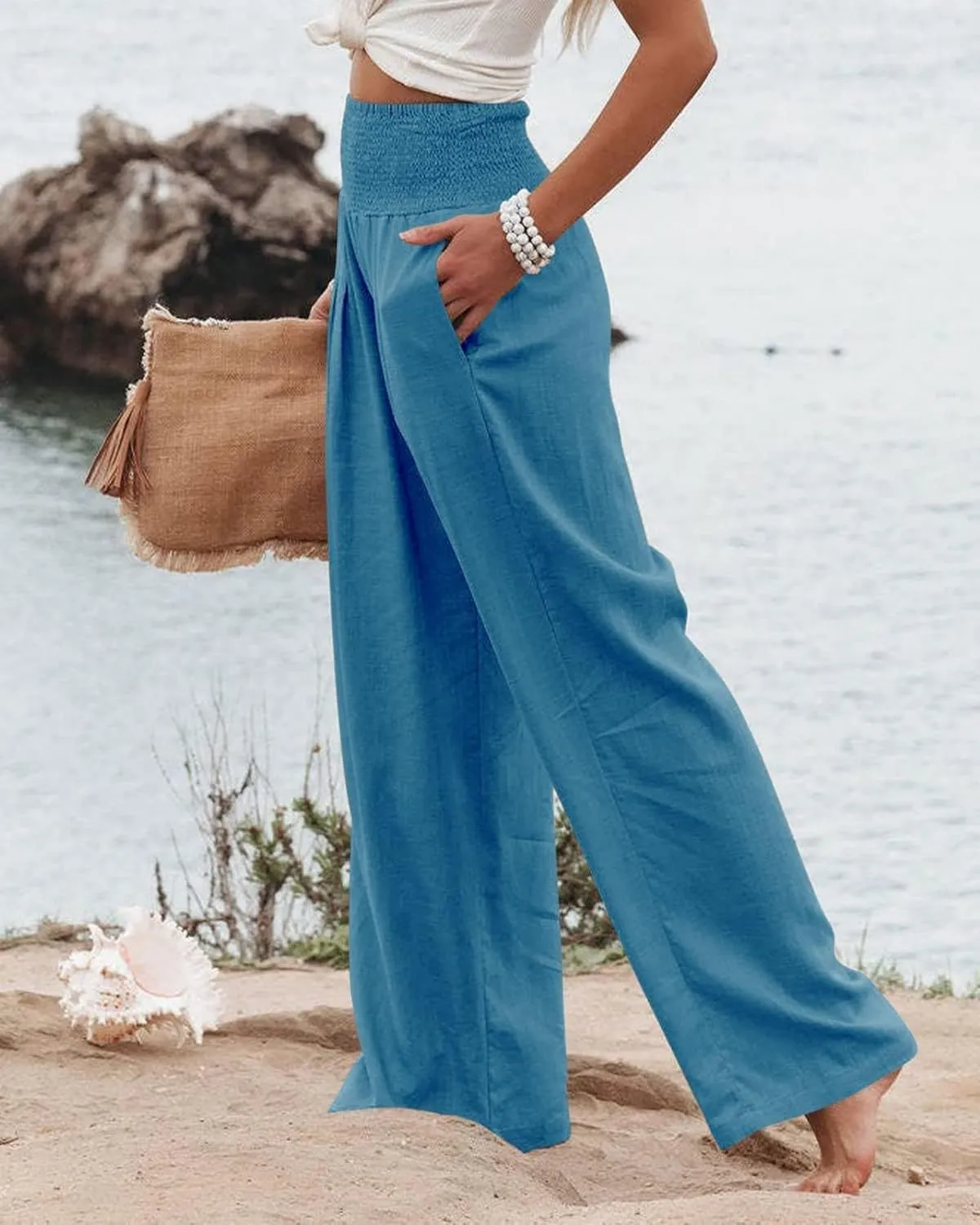 ZWRXW Linen Pants for Women 2024 Summer Wide Leg High Waist Palazzo Lounge Pants Beach Work Boho Casual Trousers with Pockets
